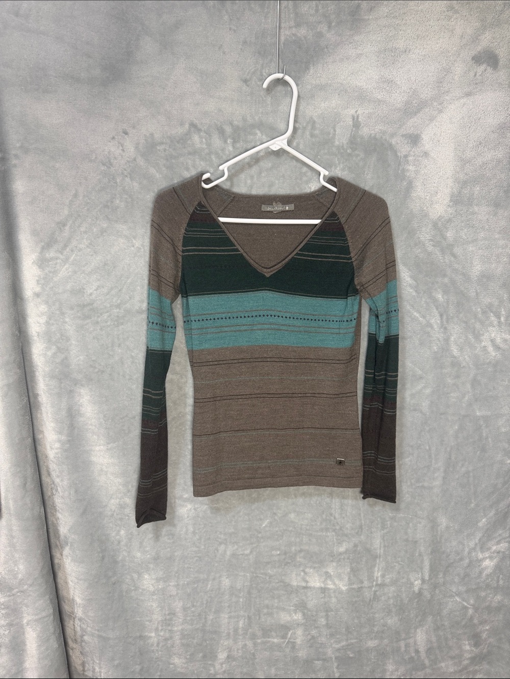 Smartwool Striped V-Neck Lightweight Sweater in Brown & Teal